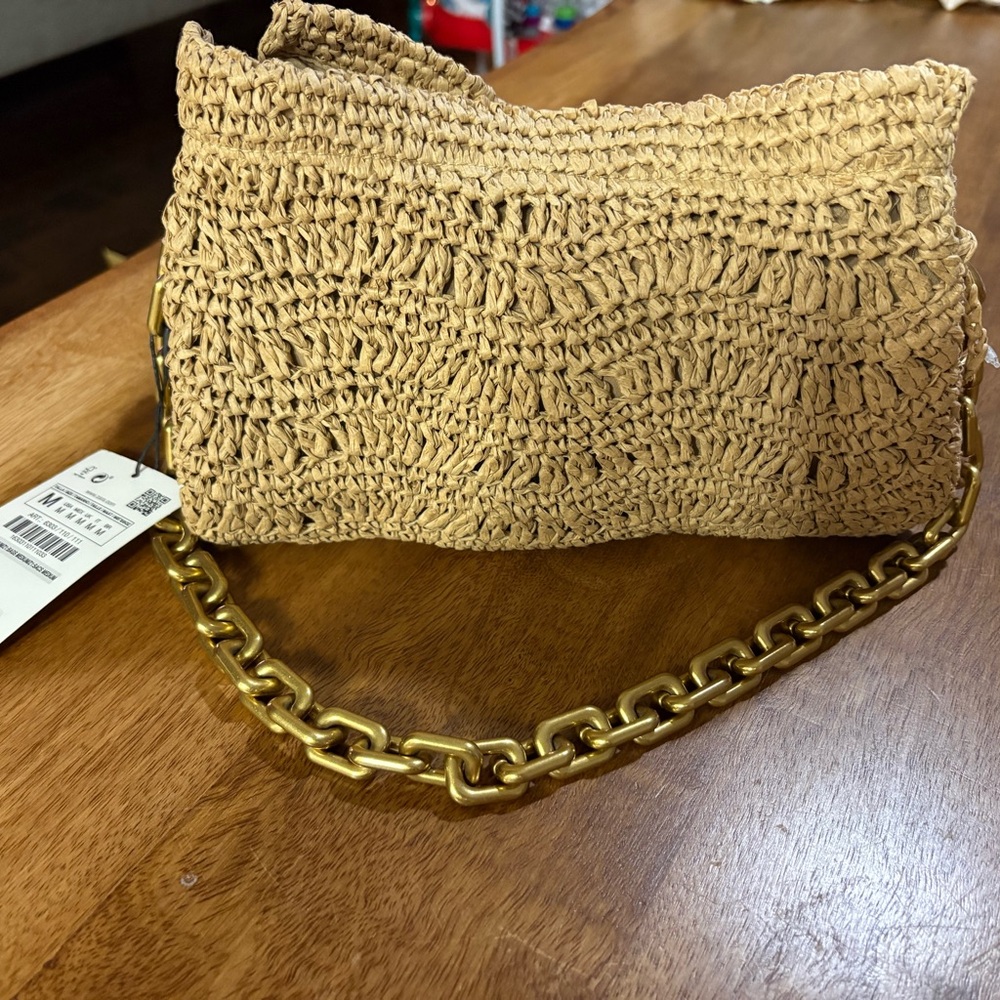 Zara straw bag with gold chain strap